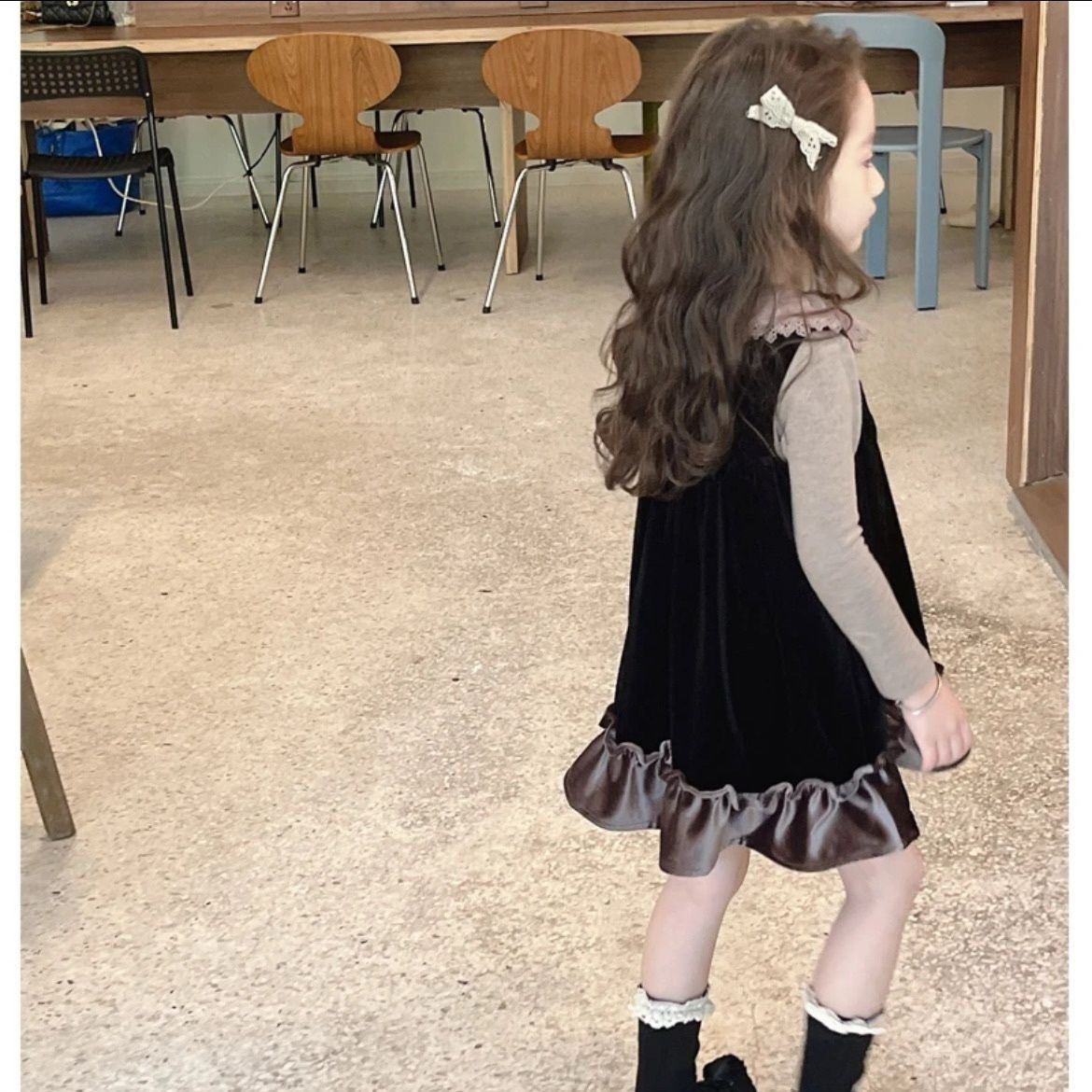 Brown Sweater & Black Velvet Dress