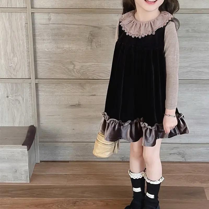 Brown Sweater & Black Velvet Dress