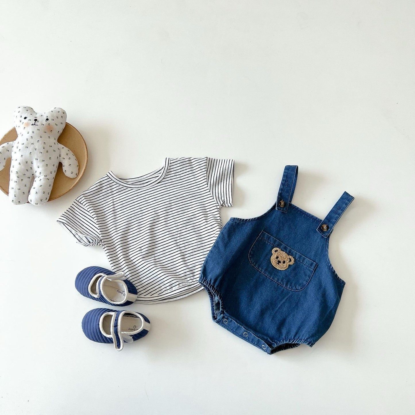 Striped Tee and Denim Teddy Dungaree set