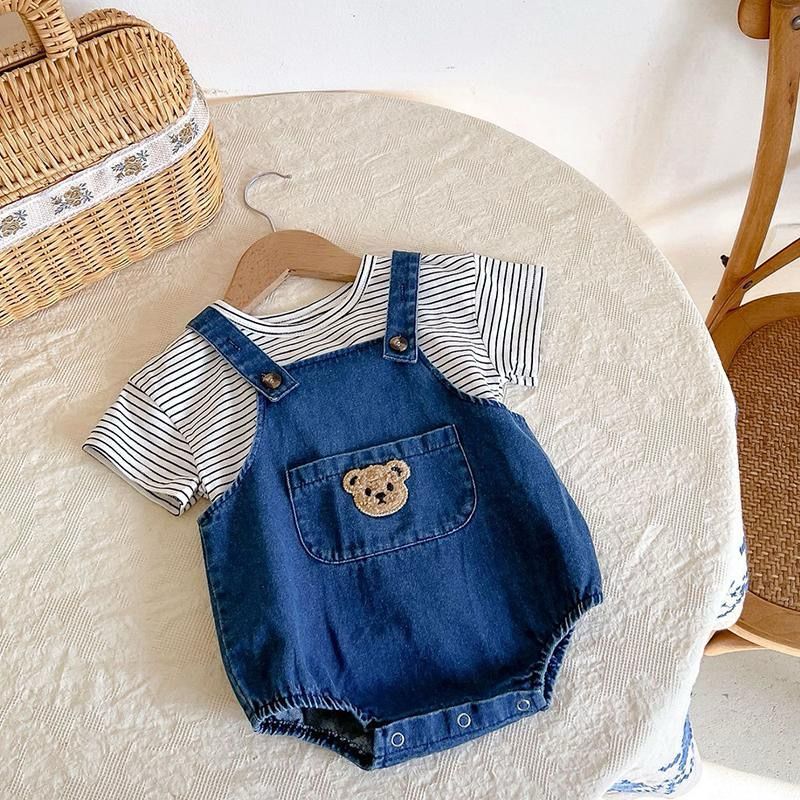 Striped Tee and Denim Teddy Dungaree set