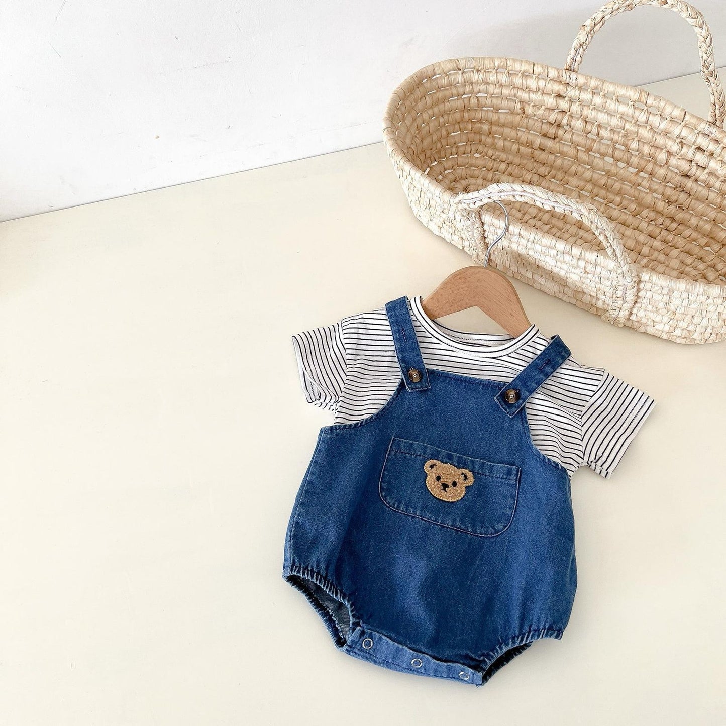Striped Tee and Denim Teddy Dungaree set
