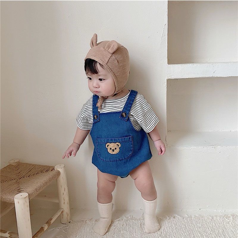 Striped Tee and Denim Teddy Dungaree set