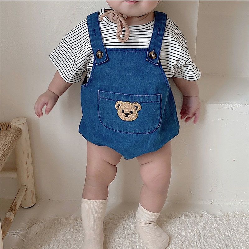 Striped Tee and Denim Teddy Dungaree set