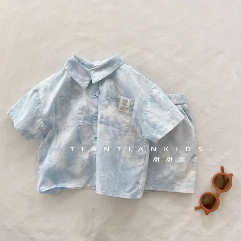 Blue Tie and dye Collared Shirt and short set