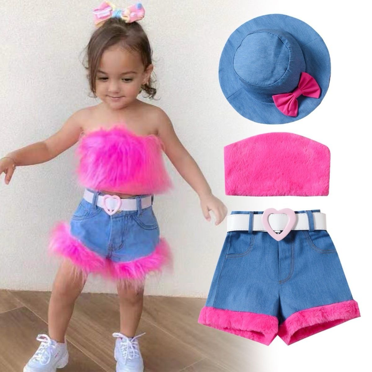 3 pc set Fur top with denim short and denim Cap