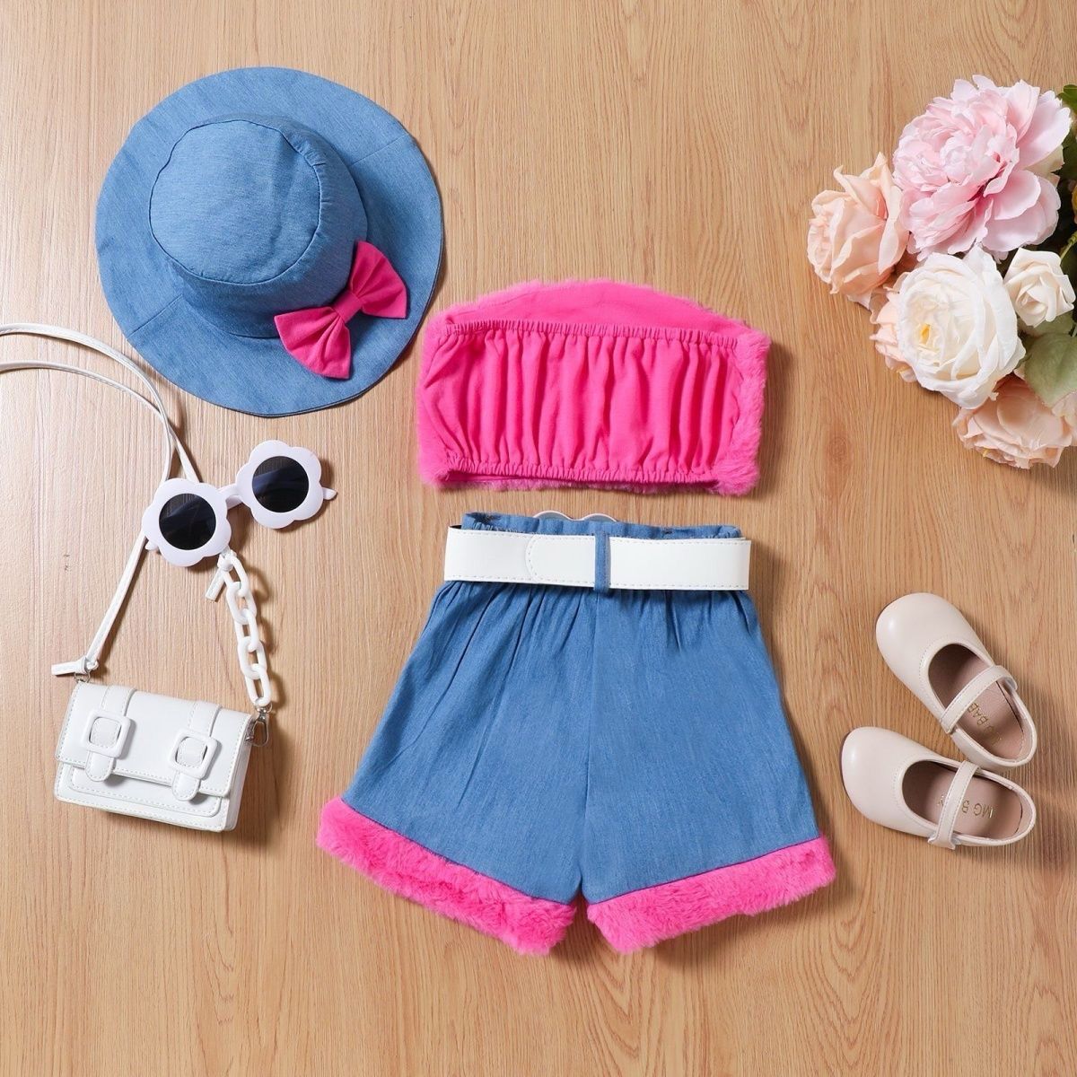 3 pc set Fur top with denim short and denim Cap
