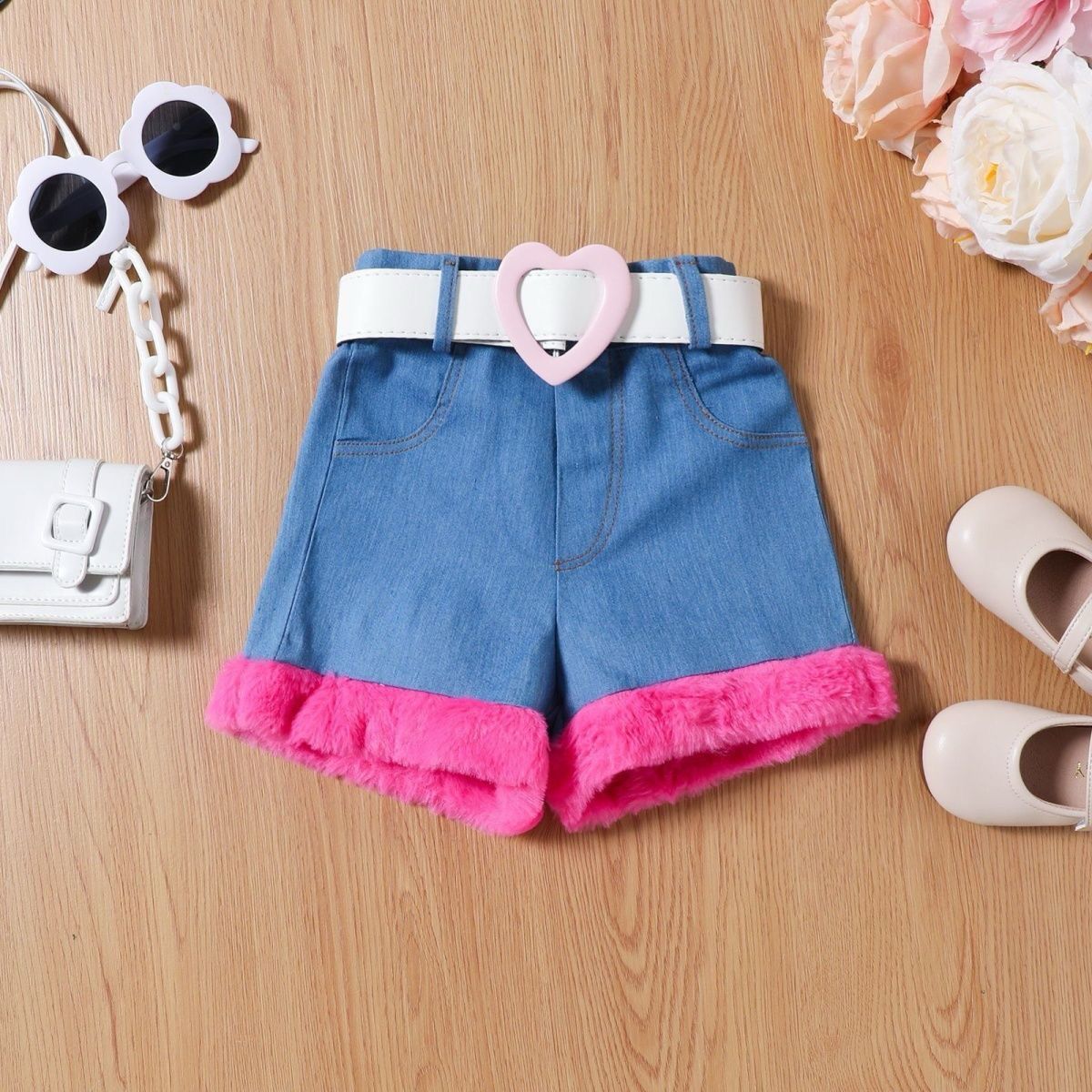 3 pc set Fur top with denim short and denim Cap
