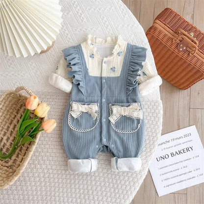 Blue Corduroy Romper with Bow