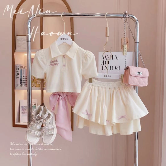 Cream 2 pc set with a Back Bow and small Bow on skirt