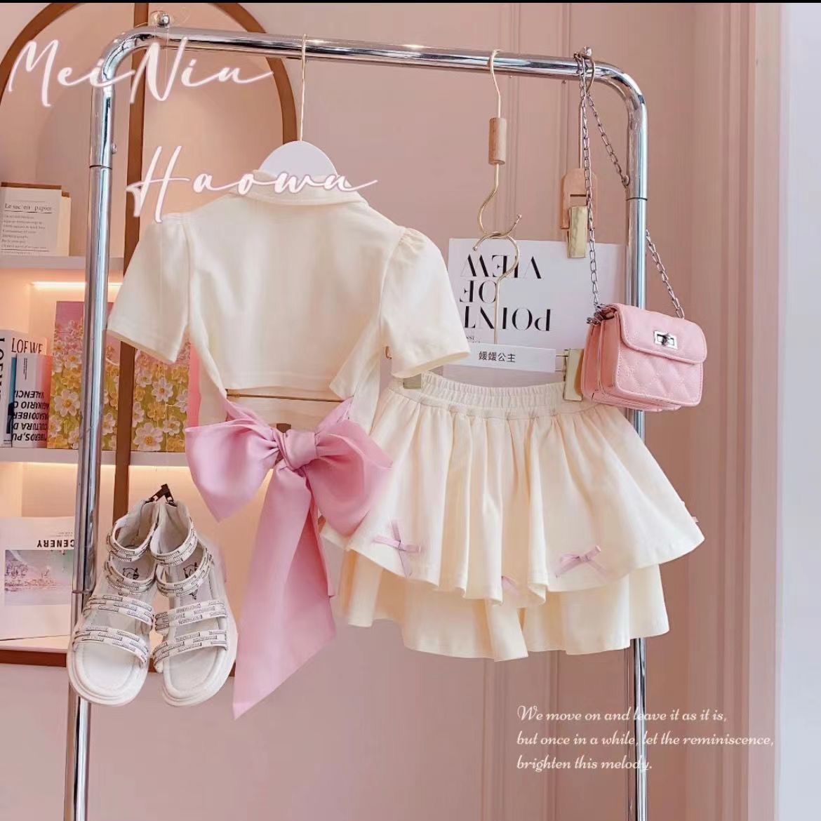 Cream 2 pc set with a Back Bow and small Bow on skirt