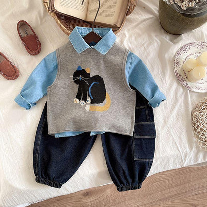 3 pc set boy cat sweater shirt pant set