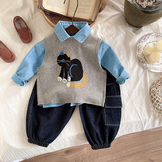3 pc set boy cat sweater shirt pant set
