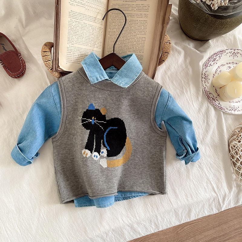 3 pc set boy cat sweater shirt pant set