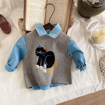 3 pc set boy cat sweater shirt pant set
