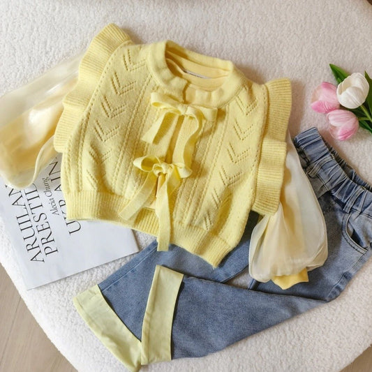 3 pc set Super Comfy fabric (yellow sweater with jeans and top)