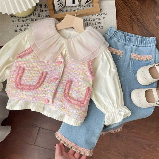 Elegant 3 pc set frill shirt with jacket