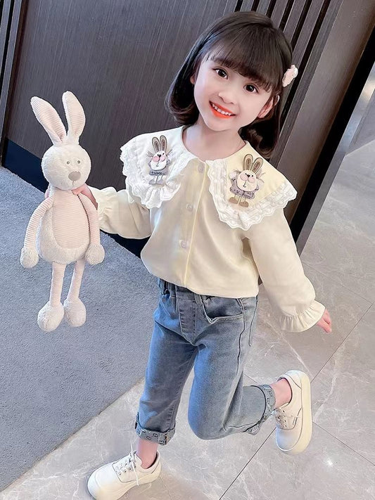 Denim & shirt 2pc set with cute bunny