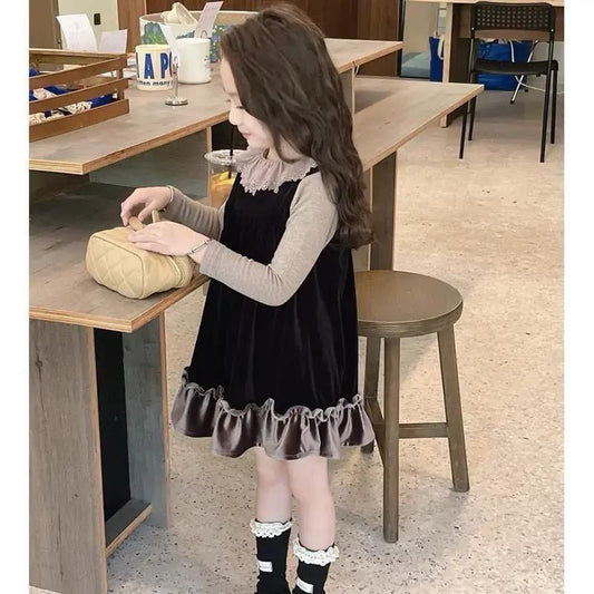 Brown Sweater & Black Velvet Dress