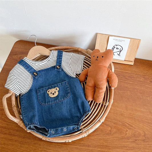 Striped Tee and Denim Teddy Dungaree set