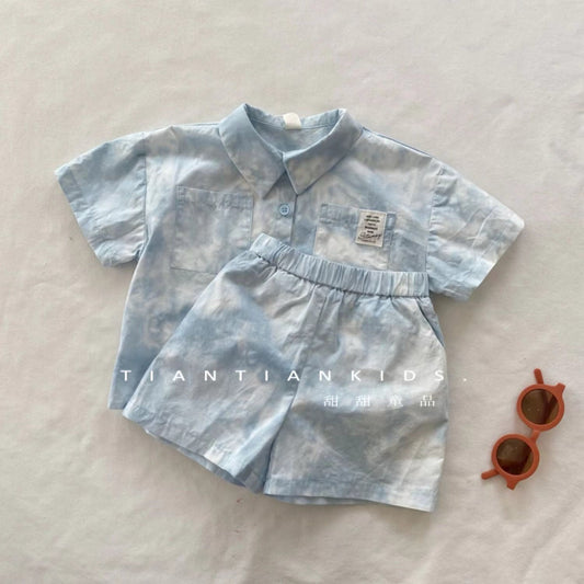 Blue Tie and dye Collared Shirt and short set