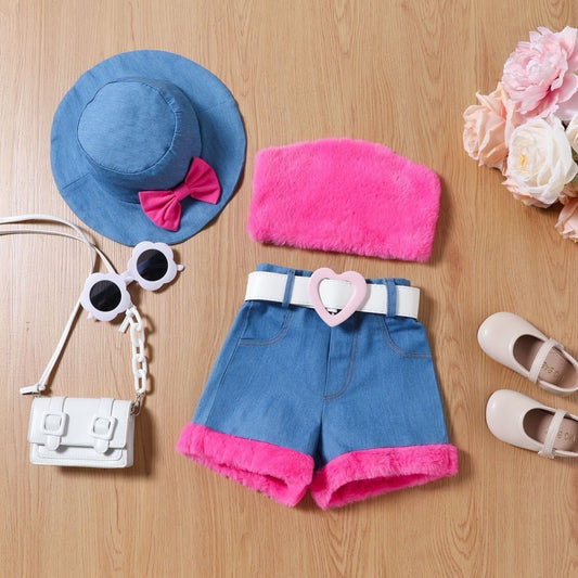 3 pc set Fur top with denim short and denim Cap