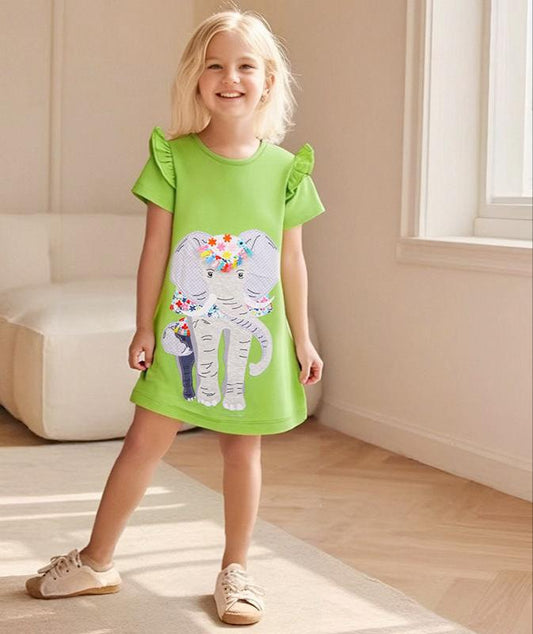 Green Elephant Cotton Frock