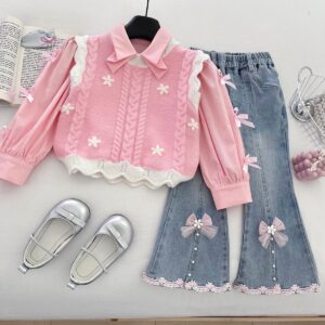 Blush Knit Bow Denim Set