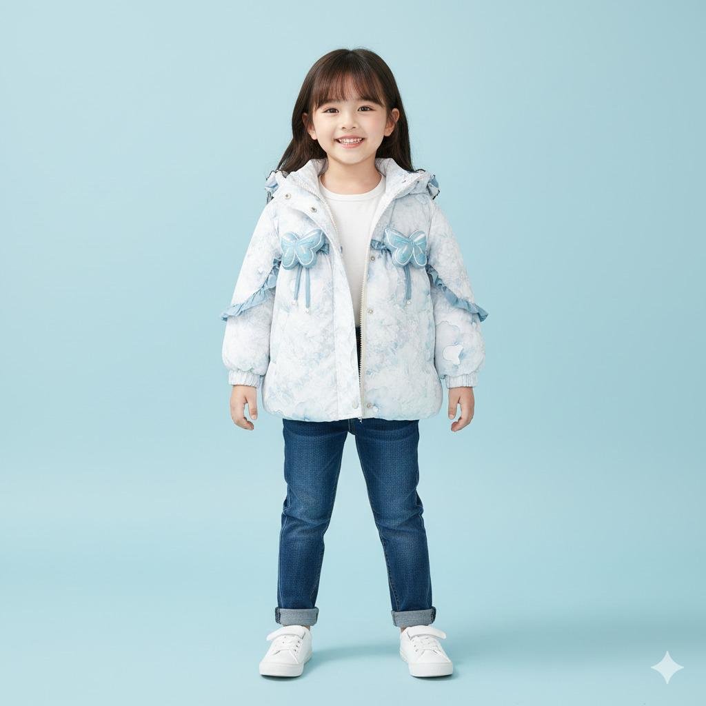 Sky Blue Butterfly Winter Puffer Jacket