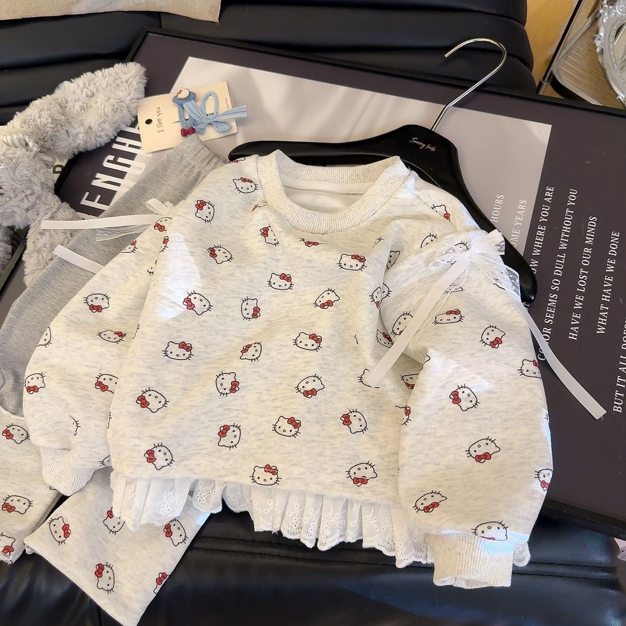 Girls Cute Kitty Print Sweatshirt & Leggings Set – Grey - Image 7