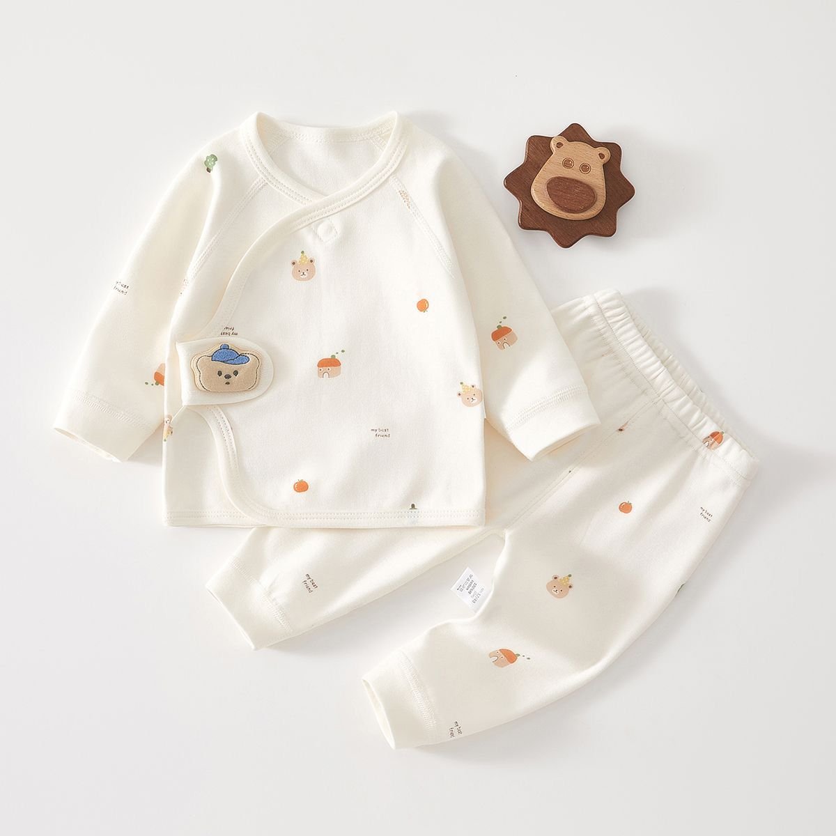 Newborn Bear & Acorn Print Wrap Top Pajama Set – Ivory