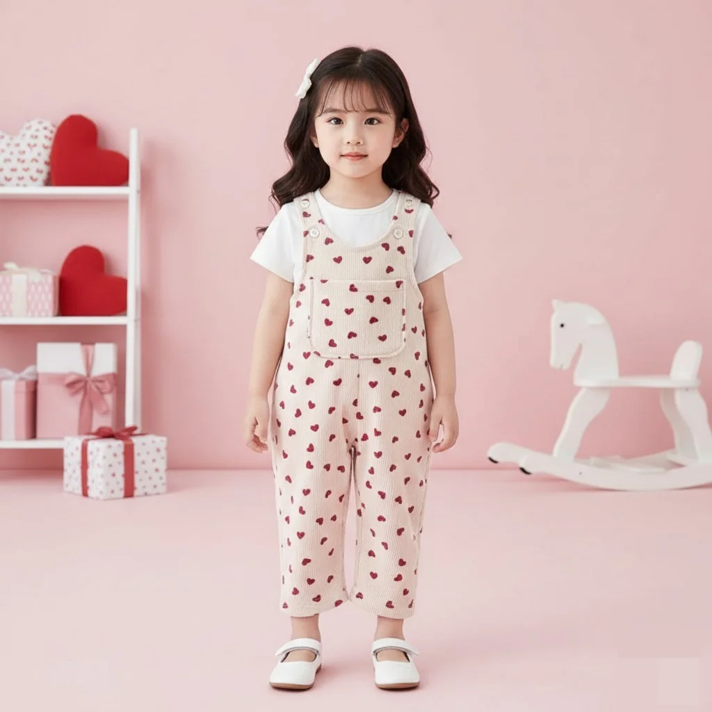 Baby Girl Ribbed Heart Print Dungaree - Image 4