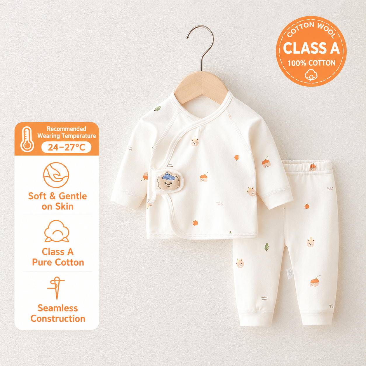 Newborn Bear & Acorn Print Wrap Top Pajama Set – Ivory - Image 3