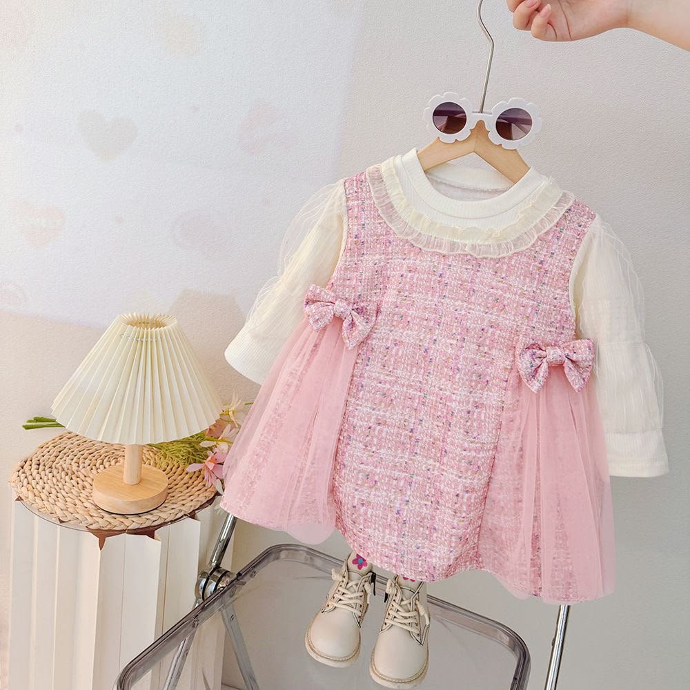 Pink Tweed & Tulle Layered Dress Set