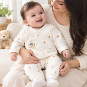 Newborn Bear & Acorn Print Wrap Top Pajama Set – Ivory