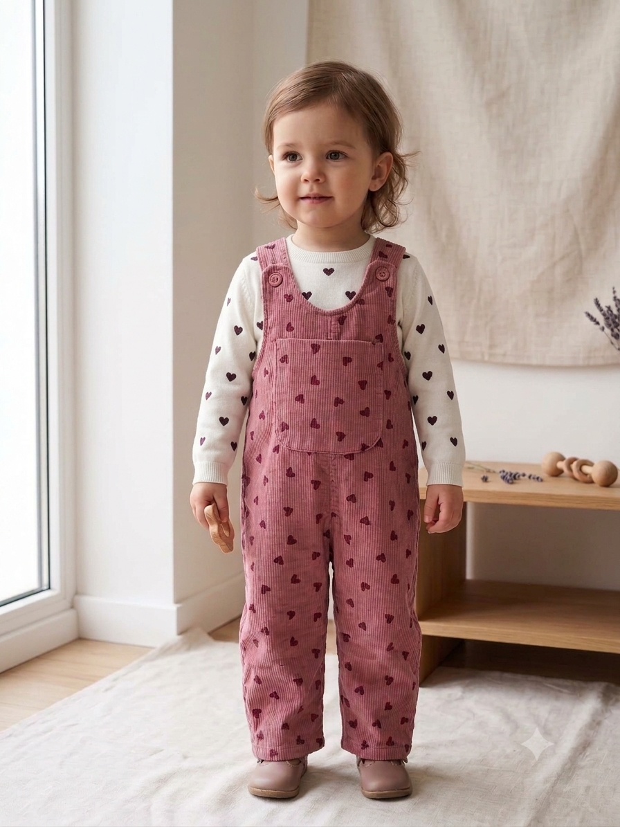 Baby Girl Ribbed Heart Print Dungaree - Image 6