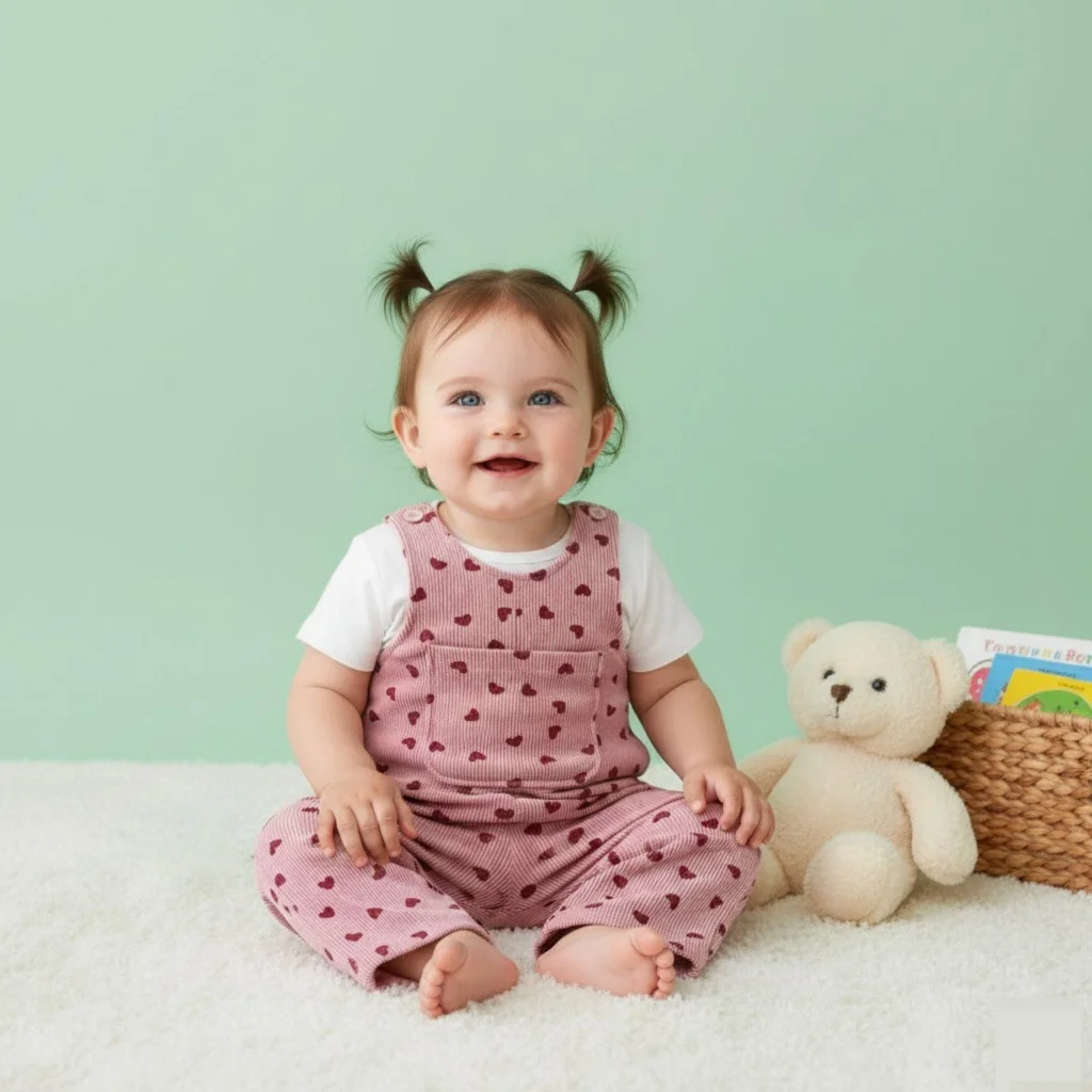 Baby Girl Ribbed Heart Print Dungaree - Image 5