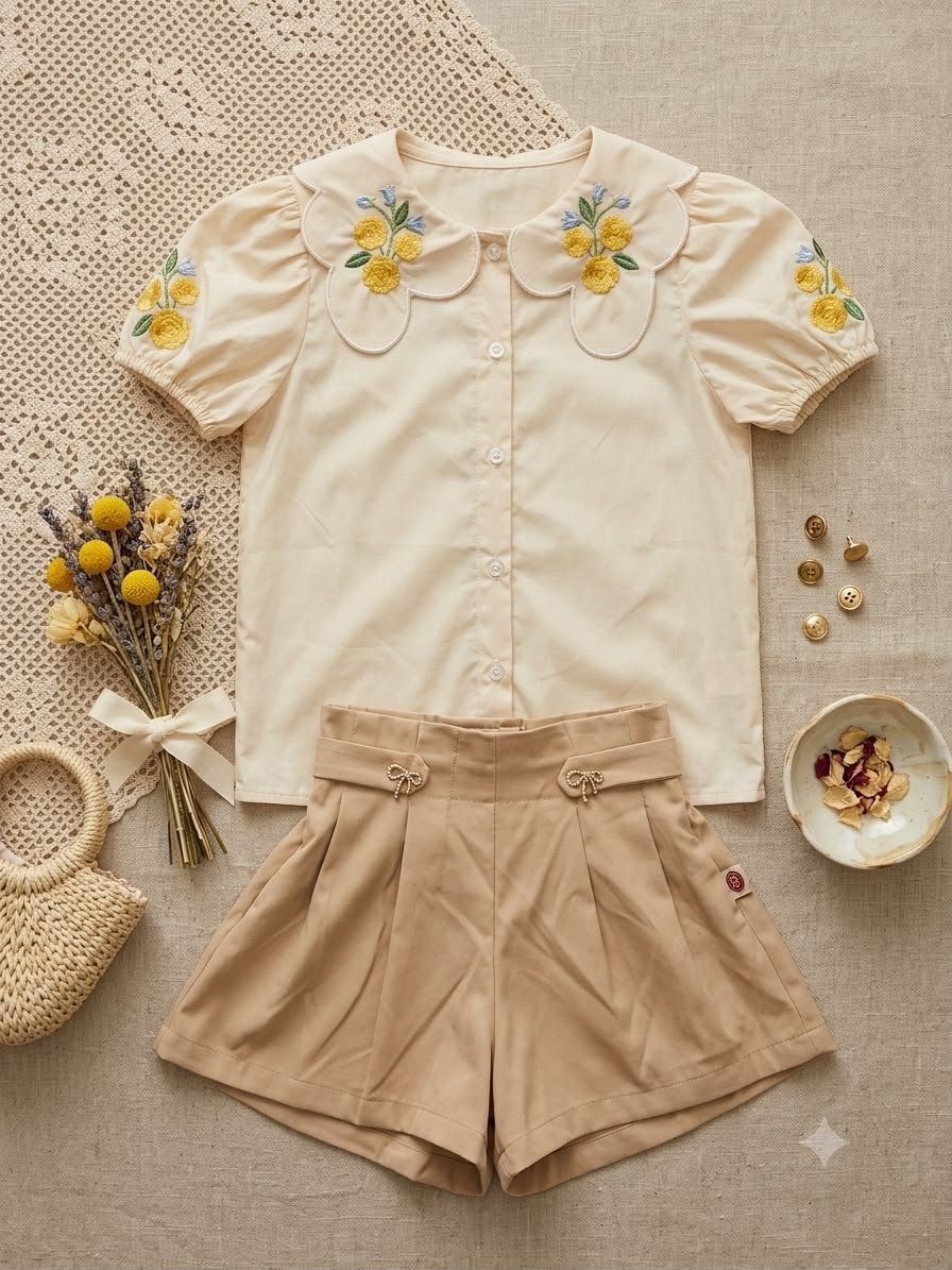 Floral Embroidered Top & Tailored Shorts Set