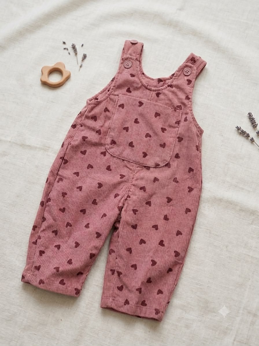 Baby Girl Ribbed Heart Print Dungaree