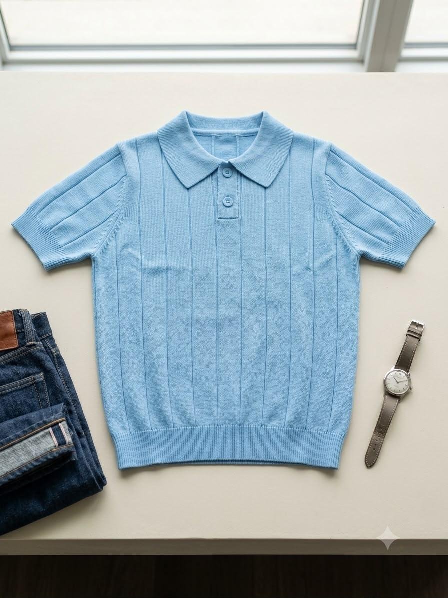 Sky Blue Ribbed Polo T-Shirt