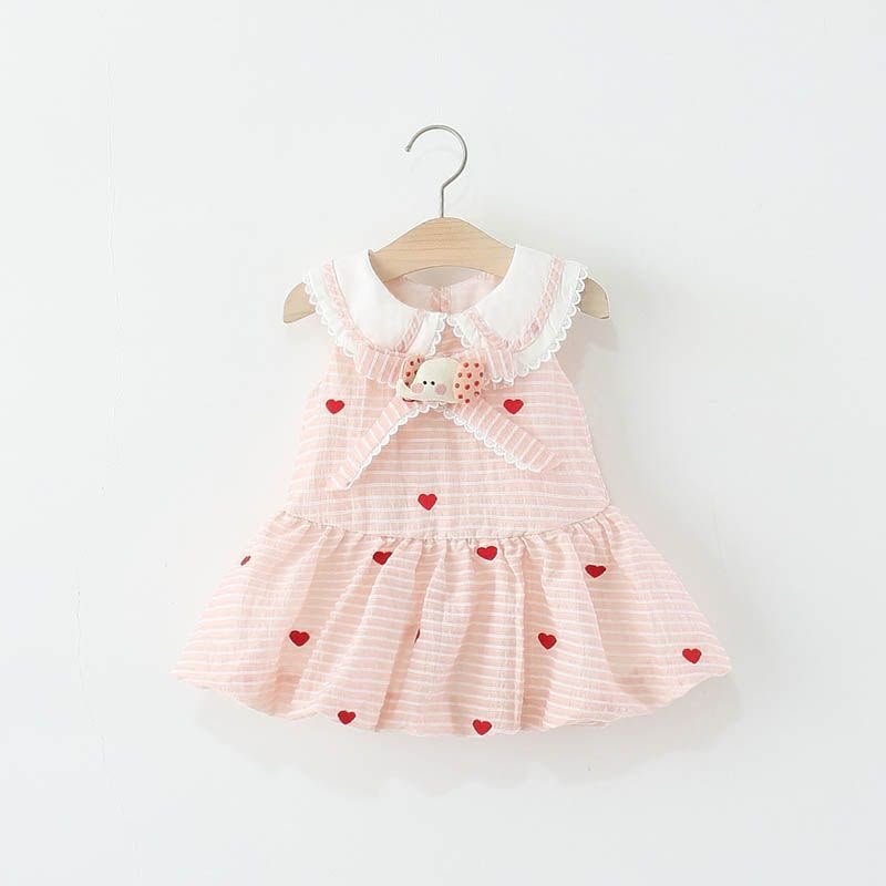 Pink Heart Embroidered Collar Frock