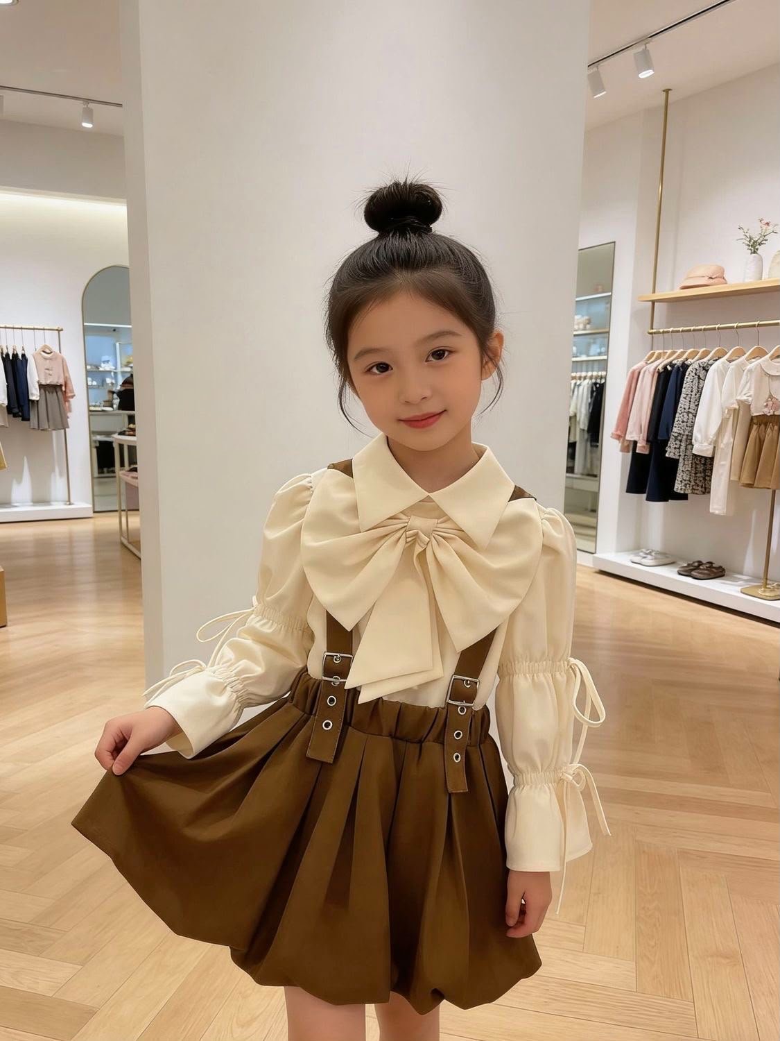 Cream Bow Blouse & Brown Suspender Skirt Set - Image 2