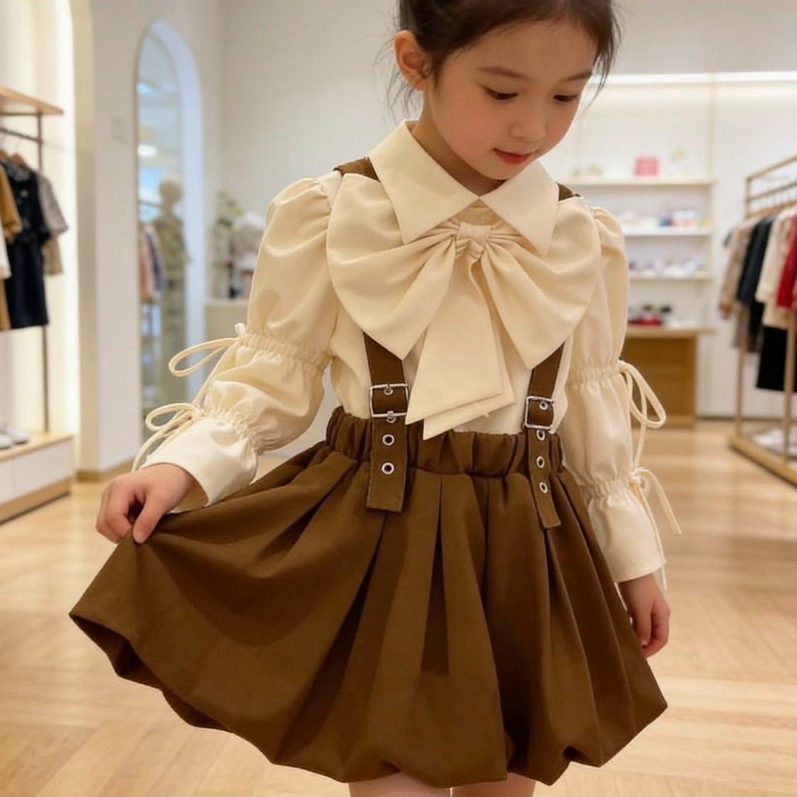 Cream Bow Blouse & Brown Suspender Skirt Set - Image 4