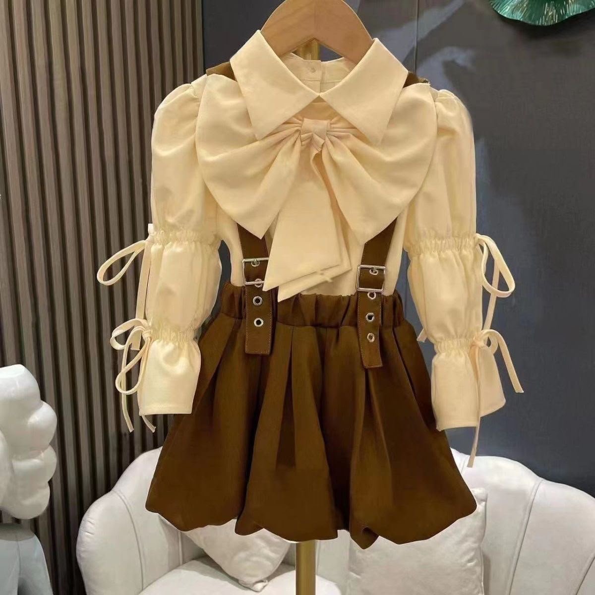 Cream Bow Blouse & Brown Suspender Skirt Set
