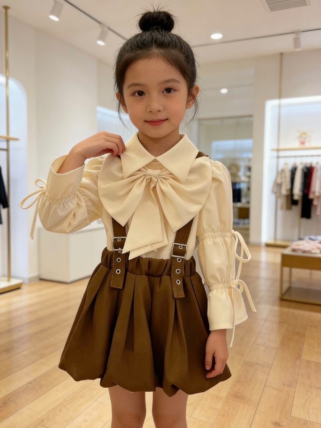 Cream Bow Blouse & Brown Suspender Skirt Set - Image 3