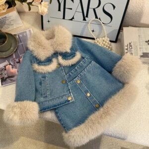 Soft Fur Denim Jacket and Skirt Set