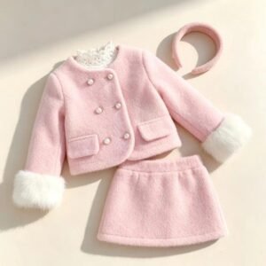 Pearl-Button Fuzzy Knit Jacket and Dress Set (2PC SET)