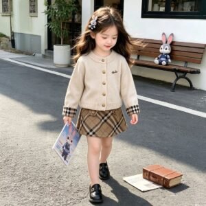 Plaid Trim Cardigan & Plaid Skirt Set