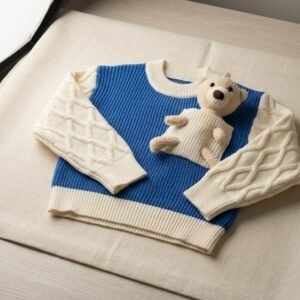 Blue & Cream Teddy Bear Cable Knit Sweater