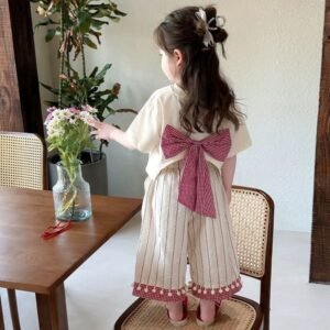 Girls’ Bow Print Top with Striped Wide-Leg Pants Set