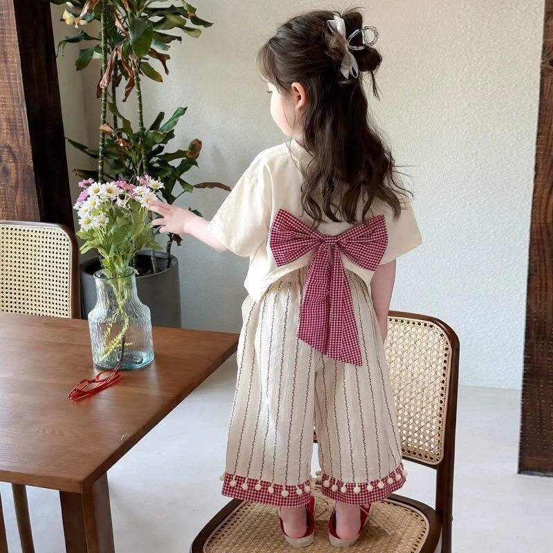 Girls’ Bow Print Top with Striped Wide-Leg Pants Set